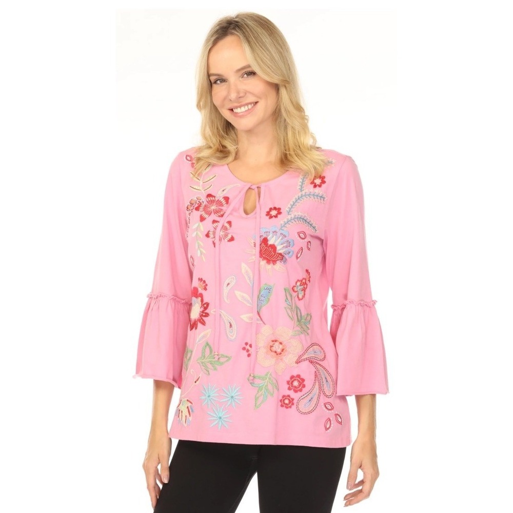 Johnny Was Size Small Freyde Embroidered‎ Ruffle Sleeve T-Shirt Moonlight Maeve
